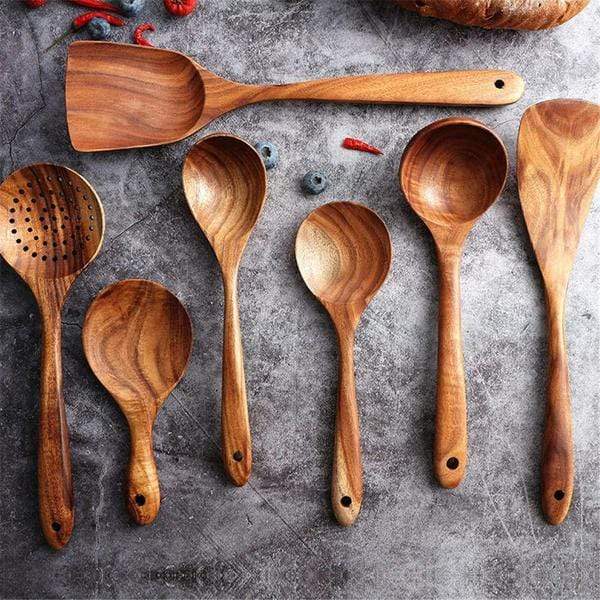 Set rústico de utensilios de cocina de madera natural resistente al calor