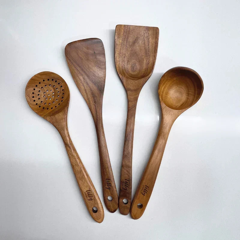 Set rústico de utensilios de cocina de madera natural resistente al calor