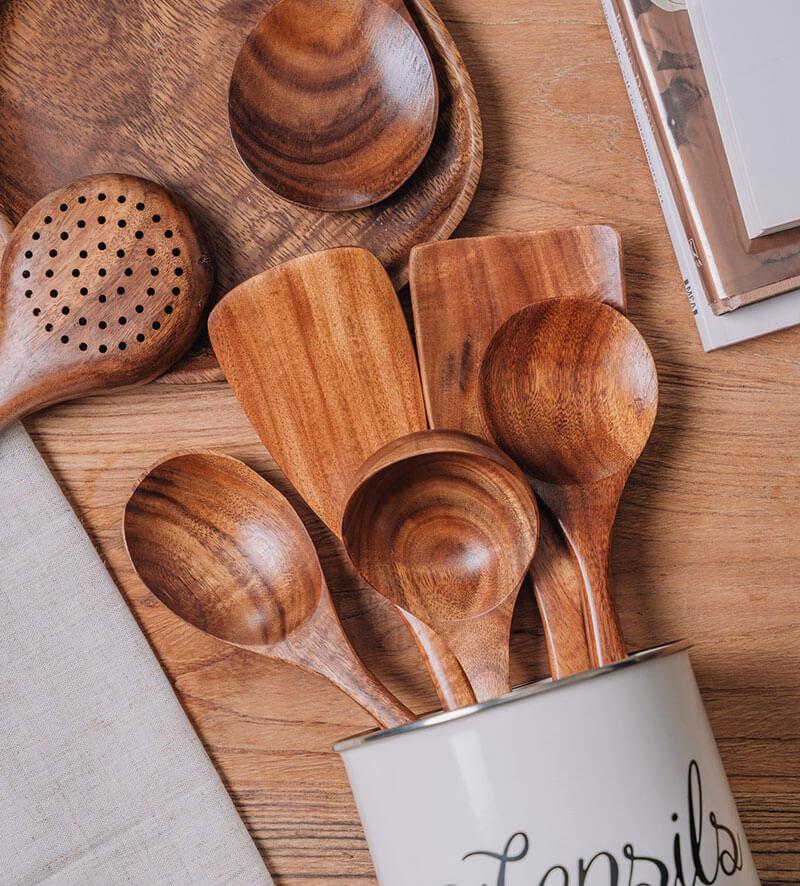 Set rústico de utensilios de cocina de madera natural resistente al calor
