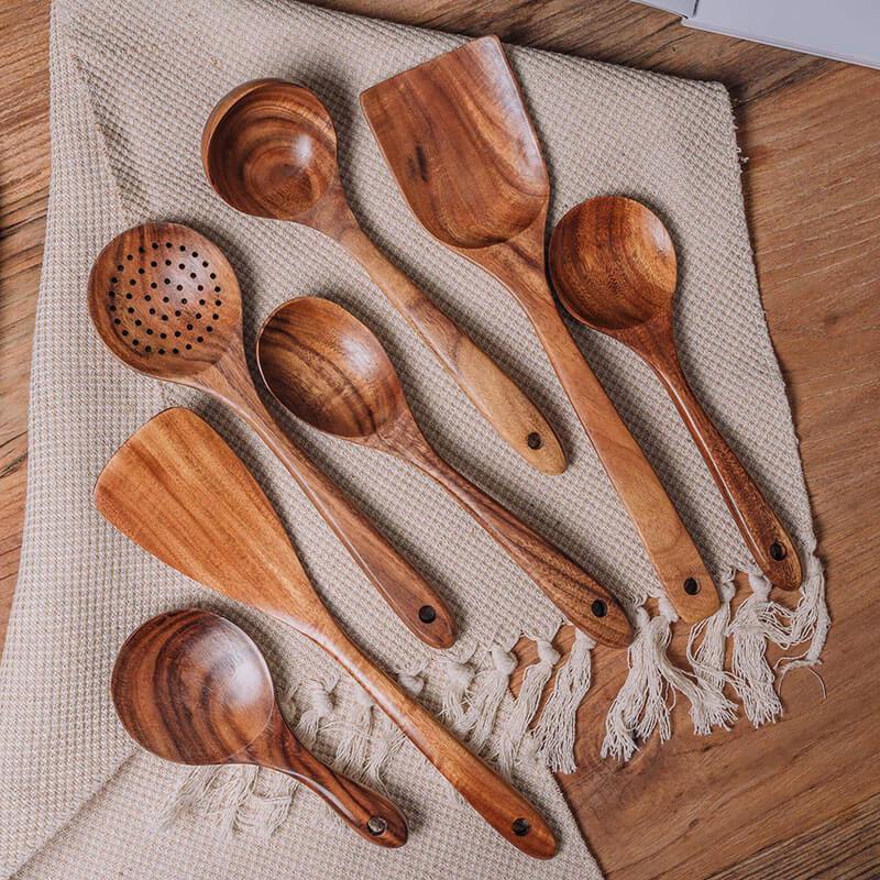 Set rústico de utensilios de cocina de madera natural resistente al calor