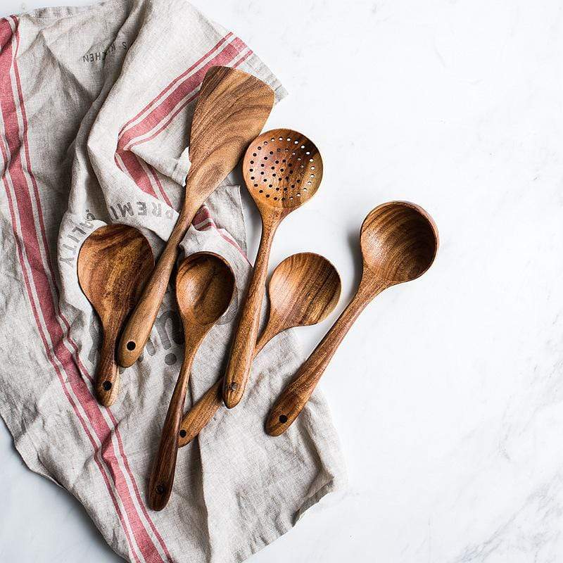 Set rústico de utensilios de cocina de madera natural resistente al calor
