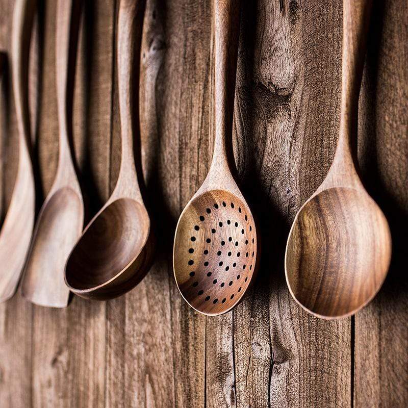 Set rústico de utensilios de cocina de madera natural resistente al calor