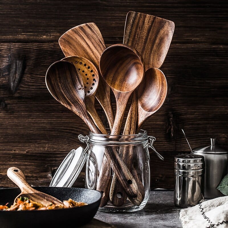 Set rústico de utensilios de cocina de madera natural resistente al calor