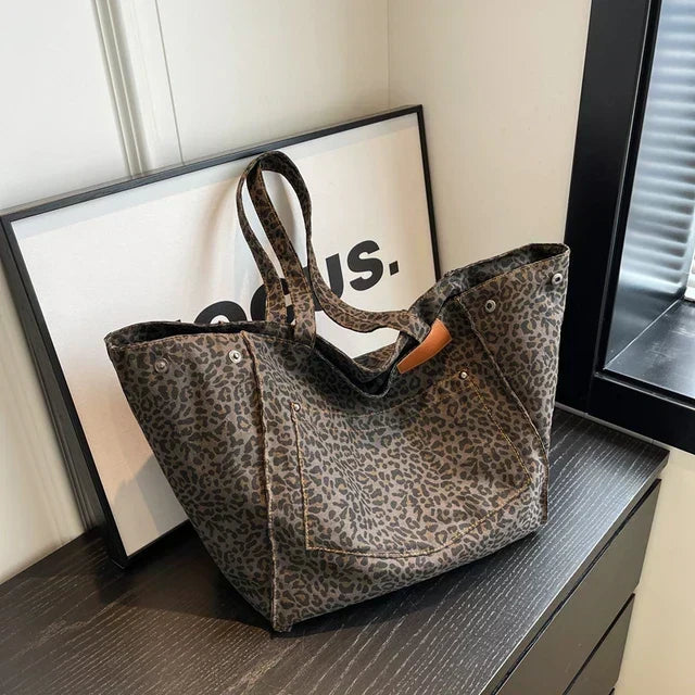 Bolso tote de hombro extragrande de lona con estampado de leopardo y gran capacidad