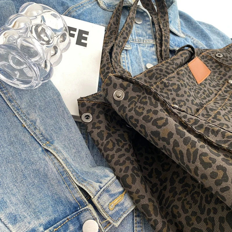 Bolso tote de hombro extragrande de lona con estampado de leopardo y gran capacidad