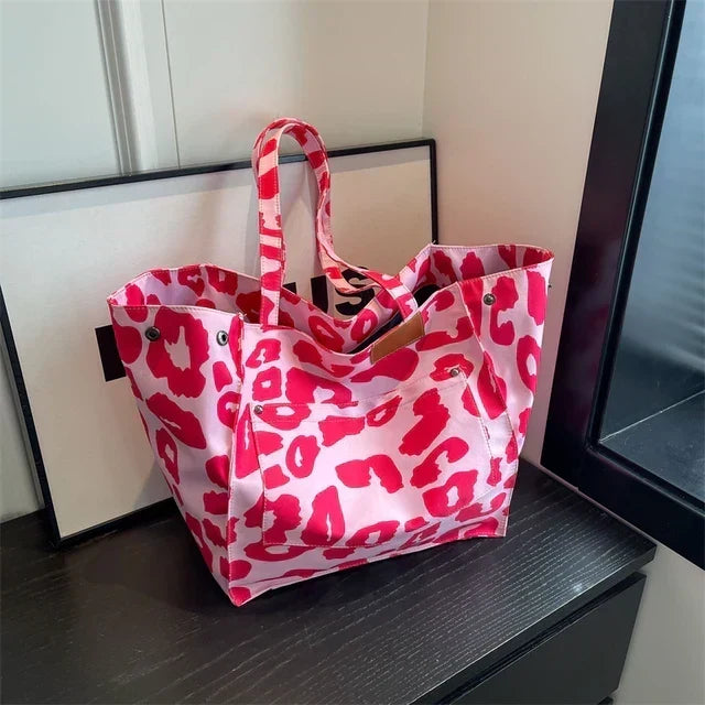 Bolso tote de hombro extragrande de lona con estampado de leopardo y gran capacidad