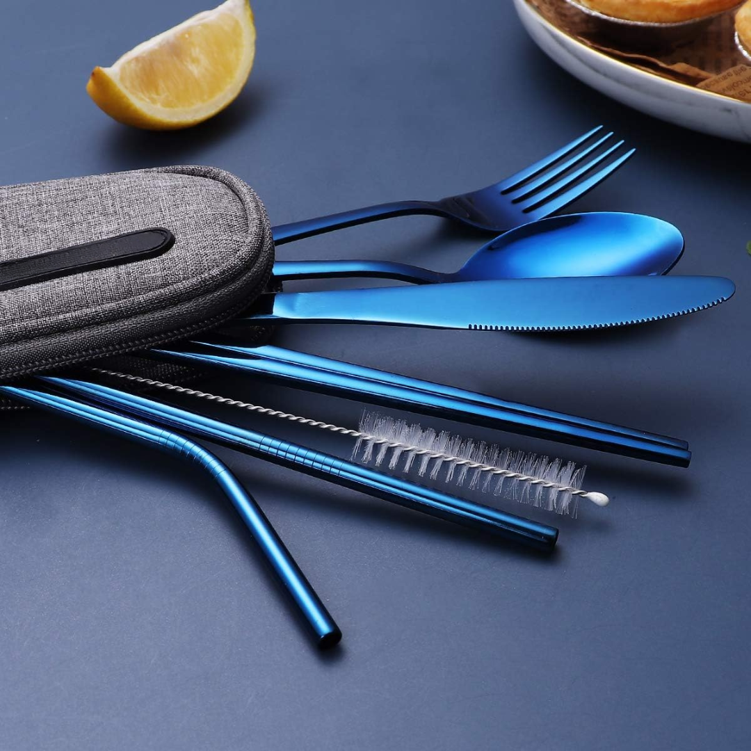 Set compacto y ligero de cubiertos de viaje de acero inoxidable, en estuche impermeable