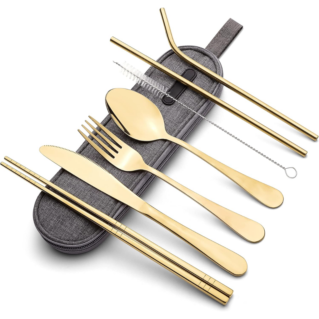 Set compacto y ligero de cubiertos de viaje de acero inoxidable, en estuche impermeable