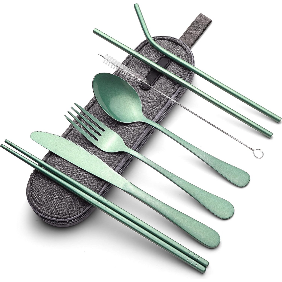 Set compacto y ligero de cubiertos de viaje de acero inoxidable, en estuche impermeable