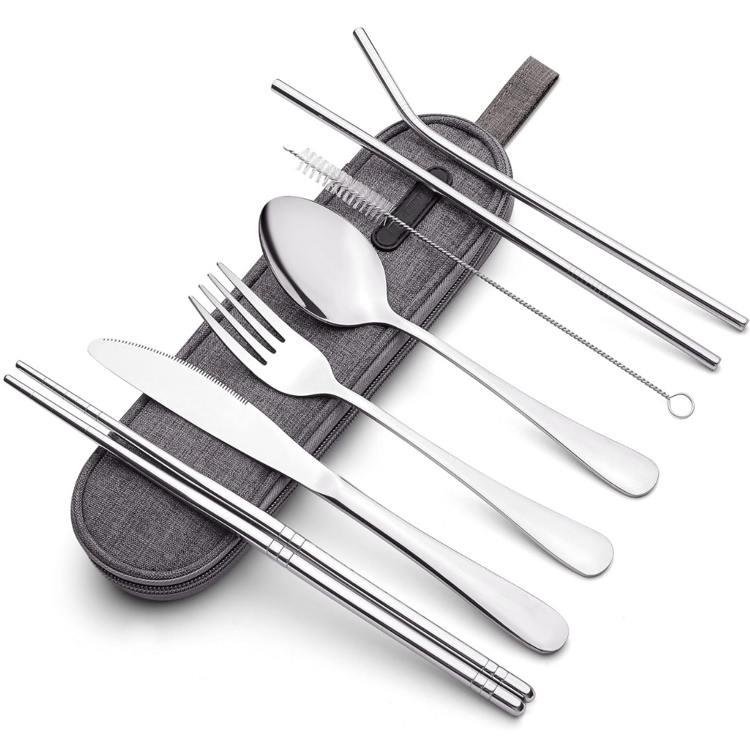 Set compacto y ligero de cubiertos de viaje de acero inoxidable, en estuche impermeable
