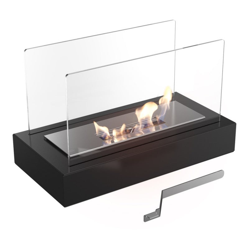 Lámpara de mesa con chimenea portátil, vidrio rectangular y base metálica para pared