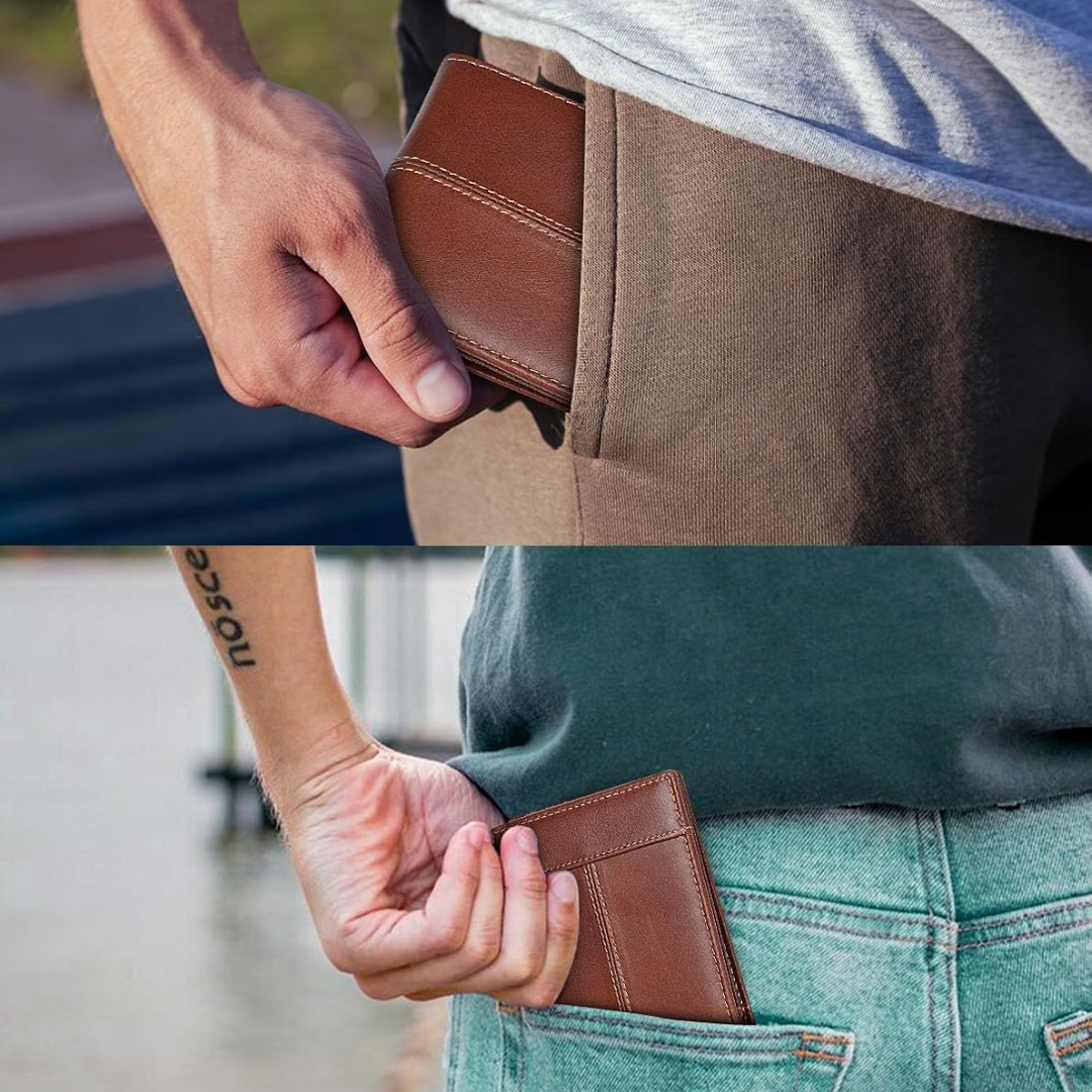 Cartera delgada de cuero genuino, plegable en dos y con bloqueo RFID para varias tarjetas