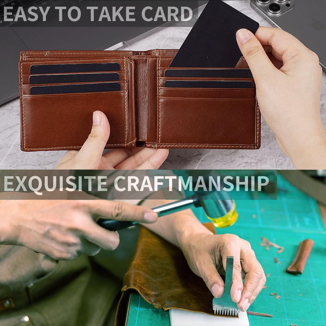 Cartera delgada de cuero genuino, plegable en dos y con bloqueo RFID para varias tarjetas