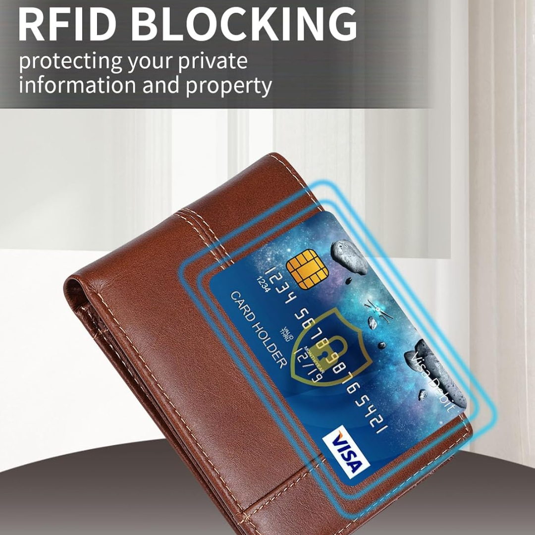 Cartera delgada de cuero genuino, plegable en dos y con bloqueo RFID para varias tarjetas