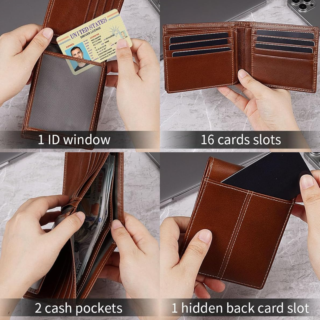 Cartera delgada de cuero genuino, plegable en dos y con bloqueo RFID para varias tarjetas