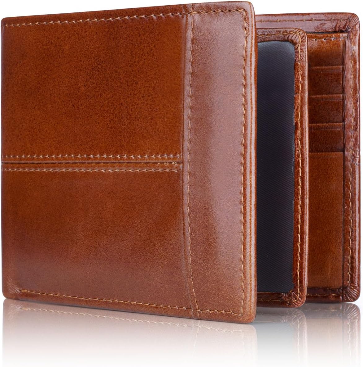 Cartera delgada de cuero genuino, plegable en dos y con bloqueo RFID para varias tarjetas