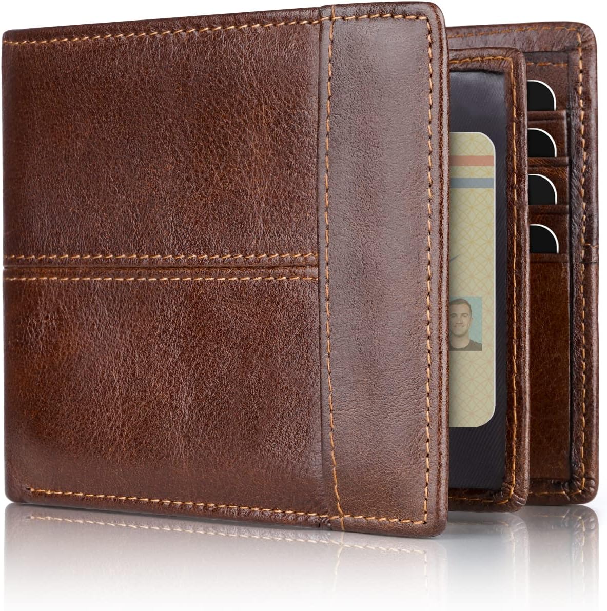 Cartera delgada de cuero genuino, plegable en dos y con bloqueo RFID para varias tarjetas