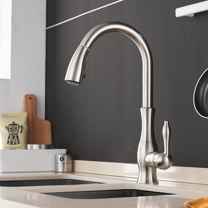 Grifo de cocina elegante de acero inoxidable con rociador retráctil extraíble