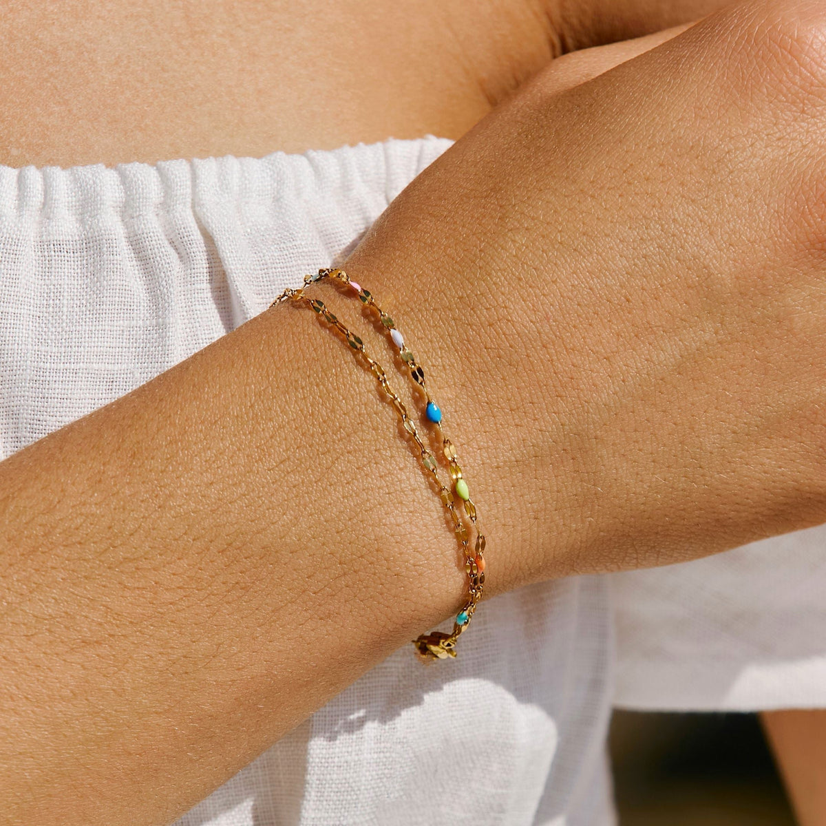 Pulsera minimalista de uso diario, de cadena fina con cristales arcoíris, combinable en capas