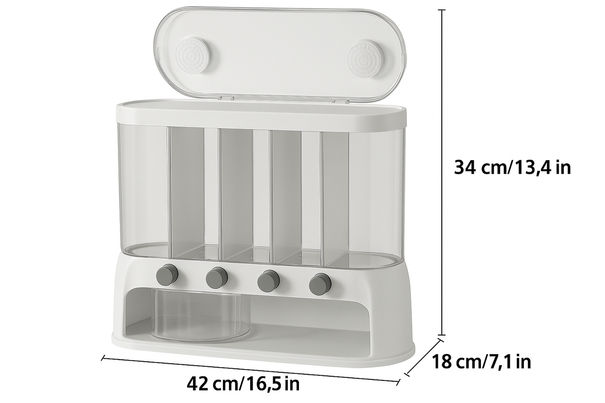 Recipiente transparente hermético para almacenar cereales en la despensa, con compartimentos y tapa abatible