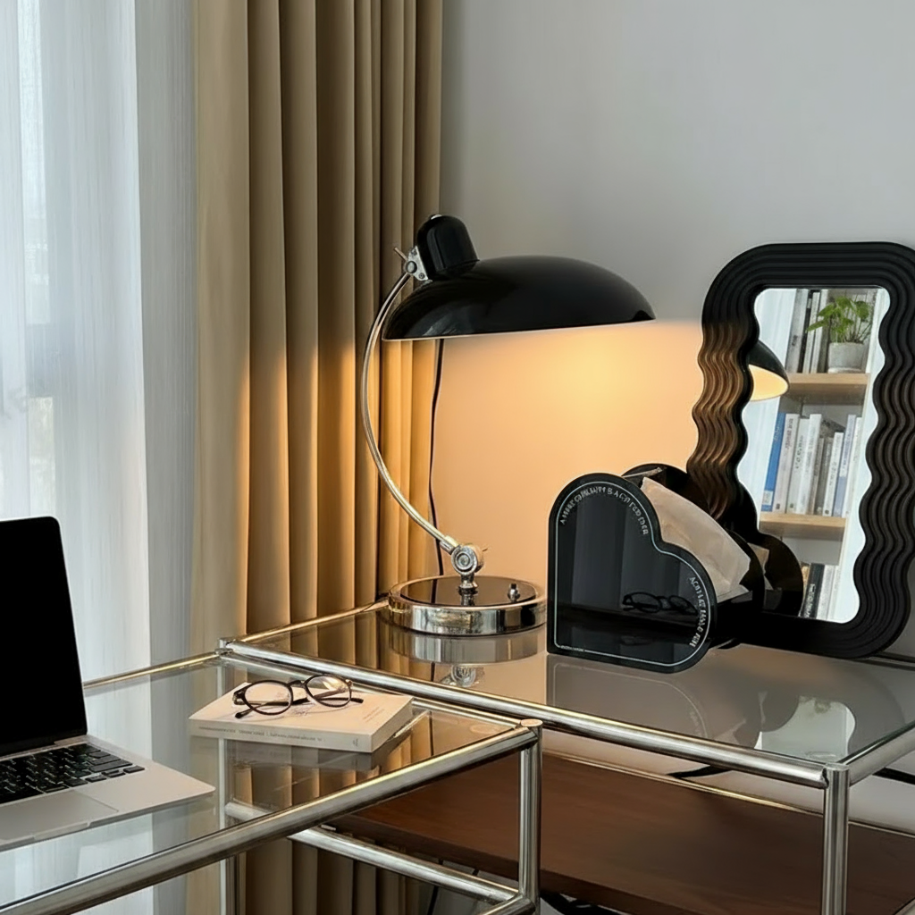 Lámpara de mesa escultural Bauhaus escandinava de cromo con brazo curvado