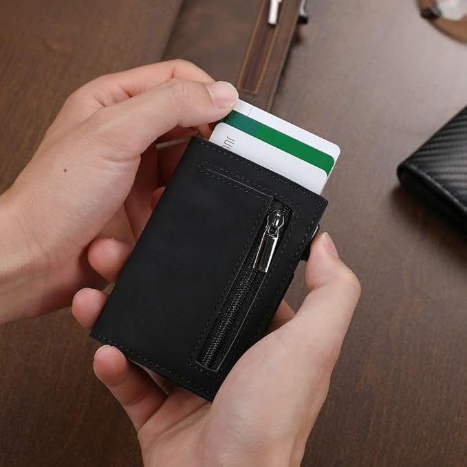 Cartera delgada de cuero y aluminio con deslizamiento mediante botón pulsador y bloqueo RFID