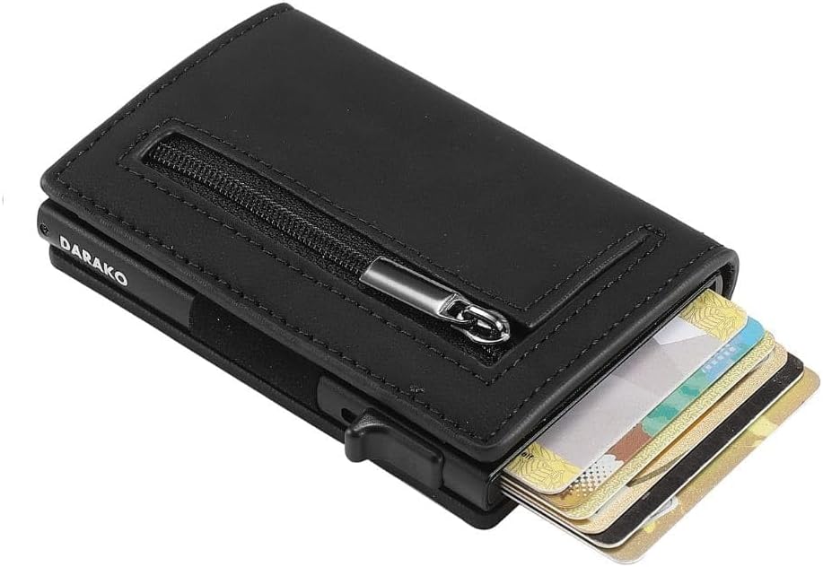Cartera delgada de cuero y aluminio con deslizamiento mediante botón pulsador y bloqueo RFID