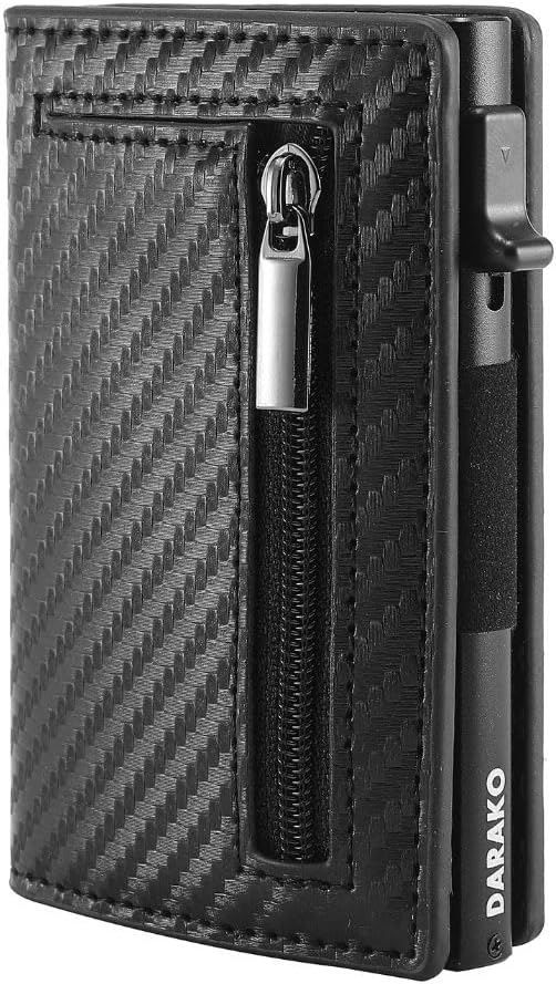 Cartera delgada de cuero y aluminio con deslizamiento mediante botón pulsador y bloqueo RFID