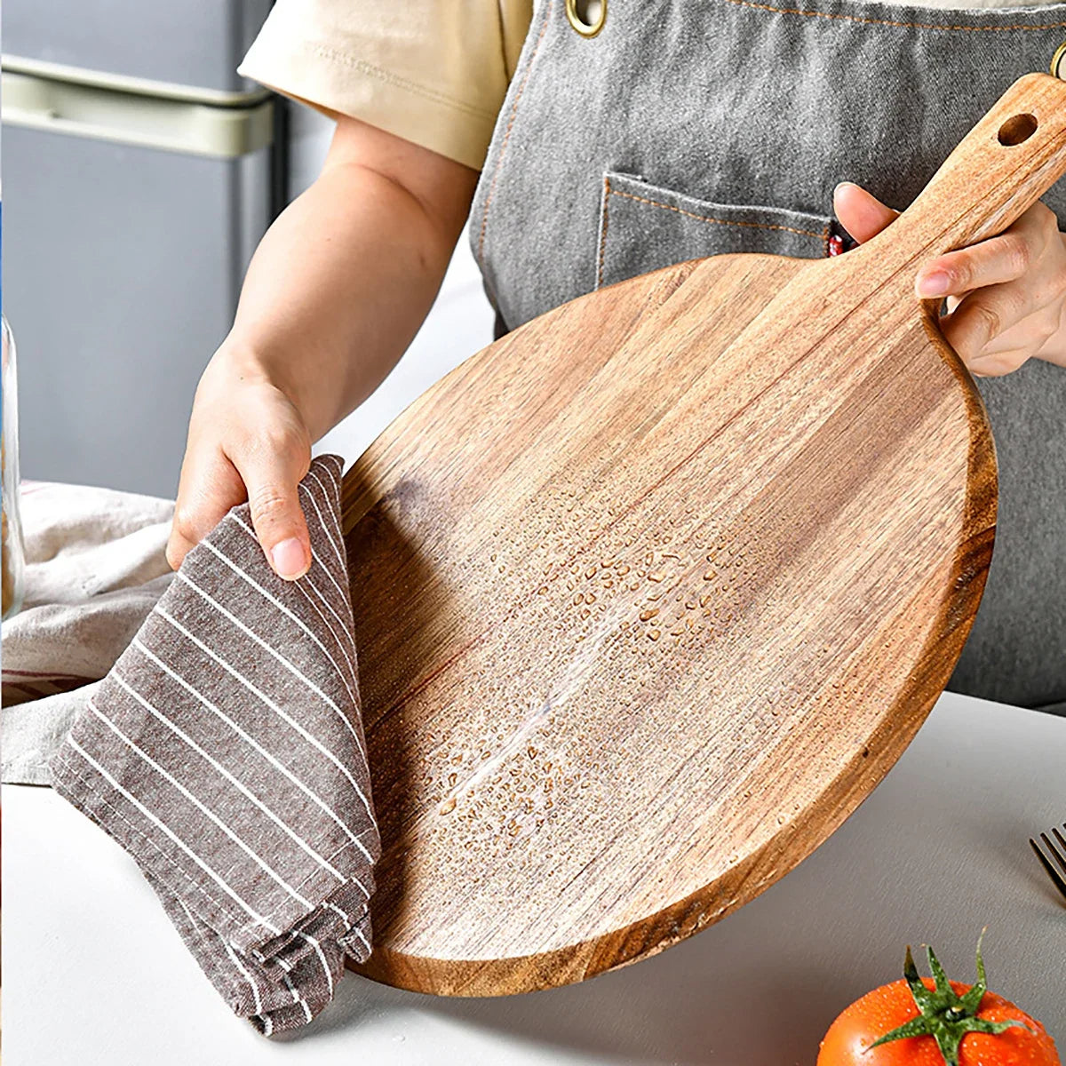 Tabla redonda de madera de acacia de veta natural para cortar y servir, con asa