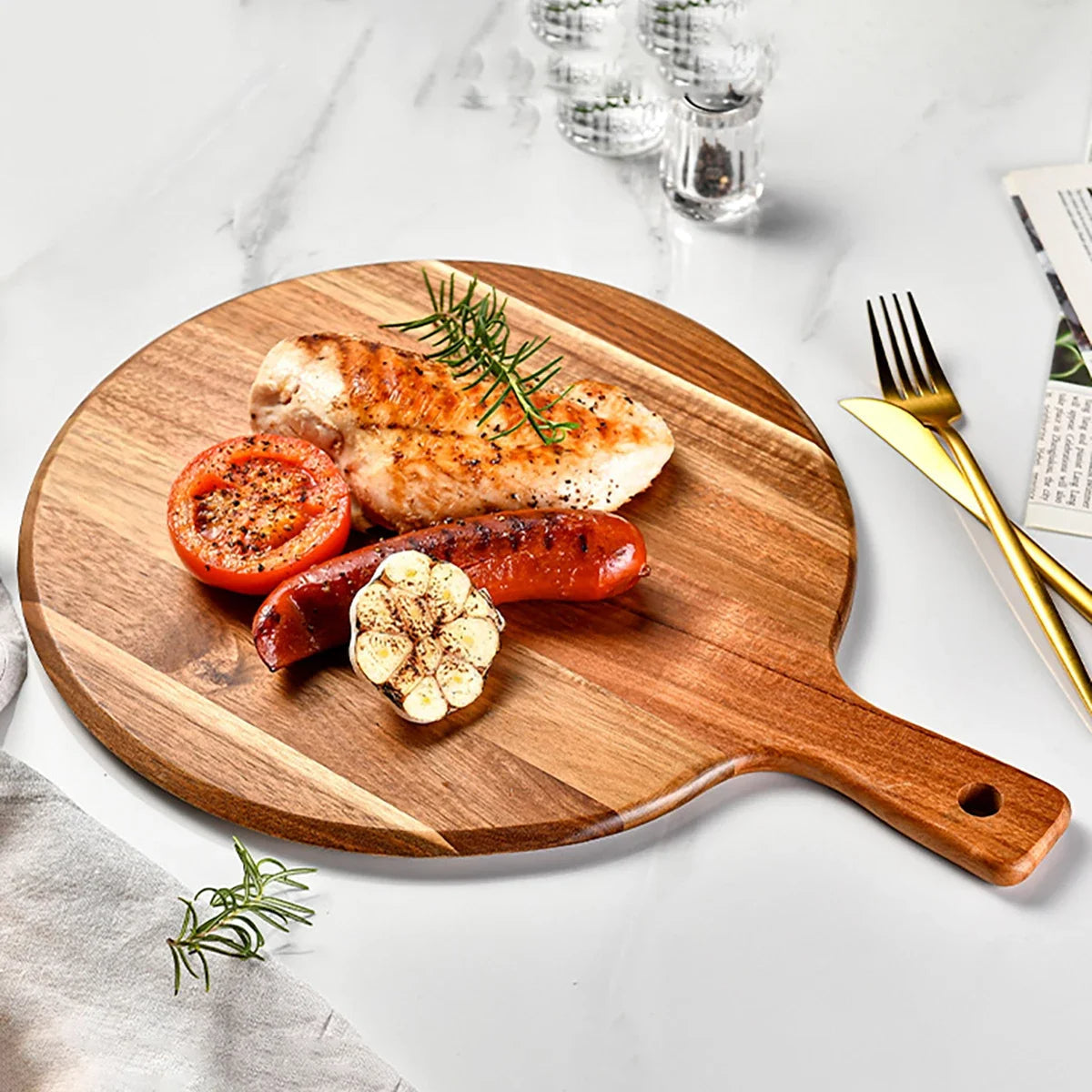 Tabla redonda de madera de acacia de veta natural para cortar y servir, con asa