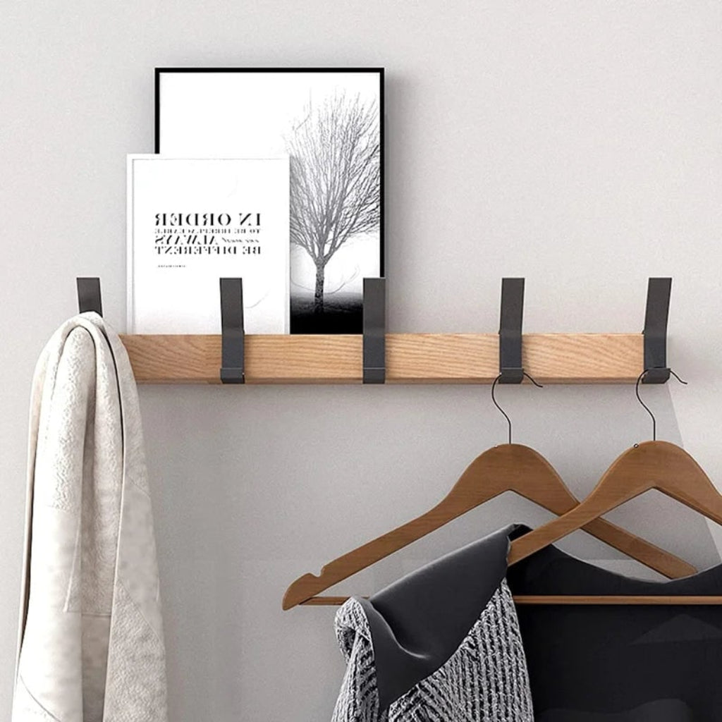 Perchero de pared de madera escandinavo minimalista con ganchos móviles