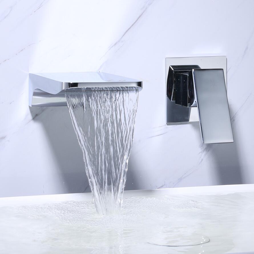 Grifo de baño minimalista de pared, con salida de agua en cascada sin contacto y acabado sólido