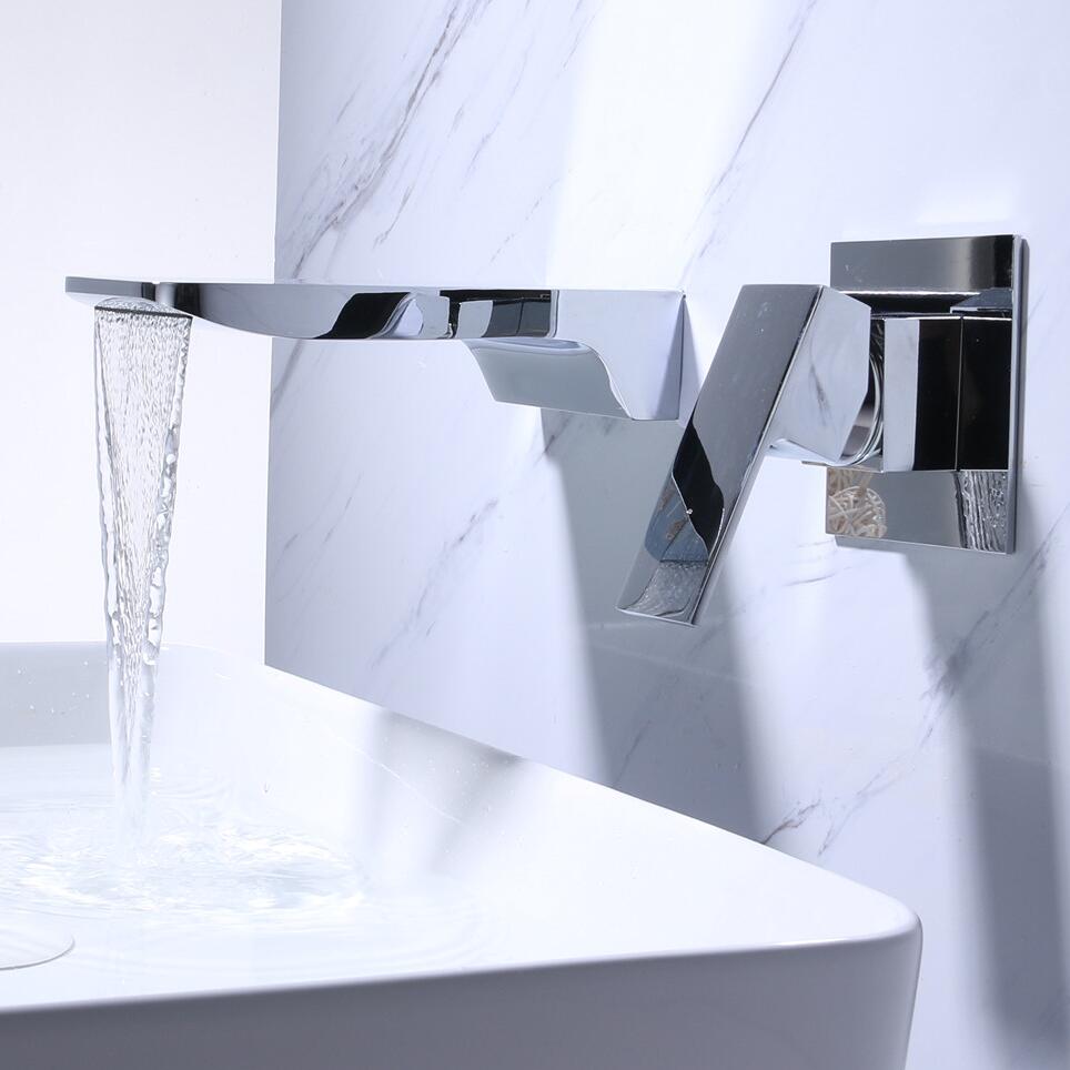 Grifo de baño minimalista de pared, con salida de agua en cascada sin contacto y acabado sólido