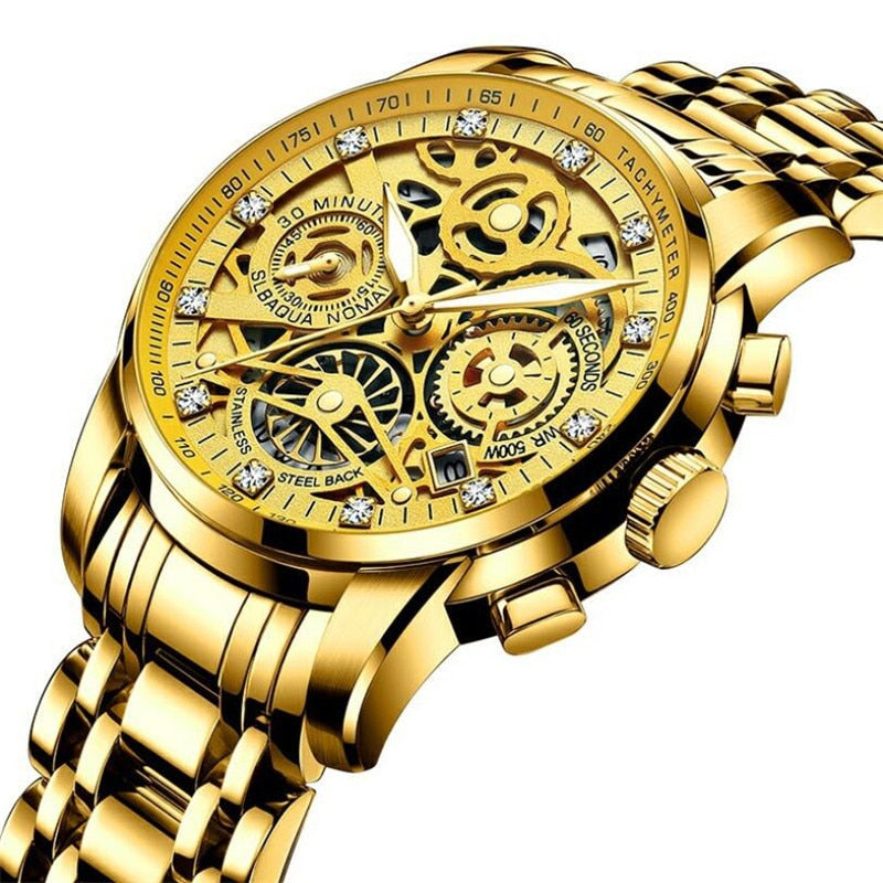 Reloj de hombre mecánico automático de acero inoxidable con esfera esquelética transparente