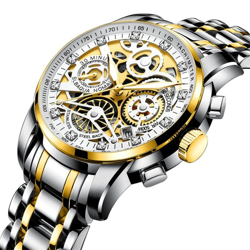Reloj de hombre mecánico automático de acero inoxidable con esfera esquelética transparente
