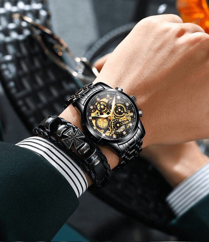 Reloj de hombre mecánico automático de acero inoxidable con esfera esquelética transparente