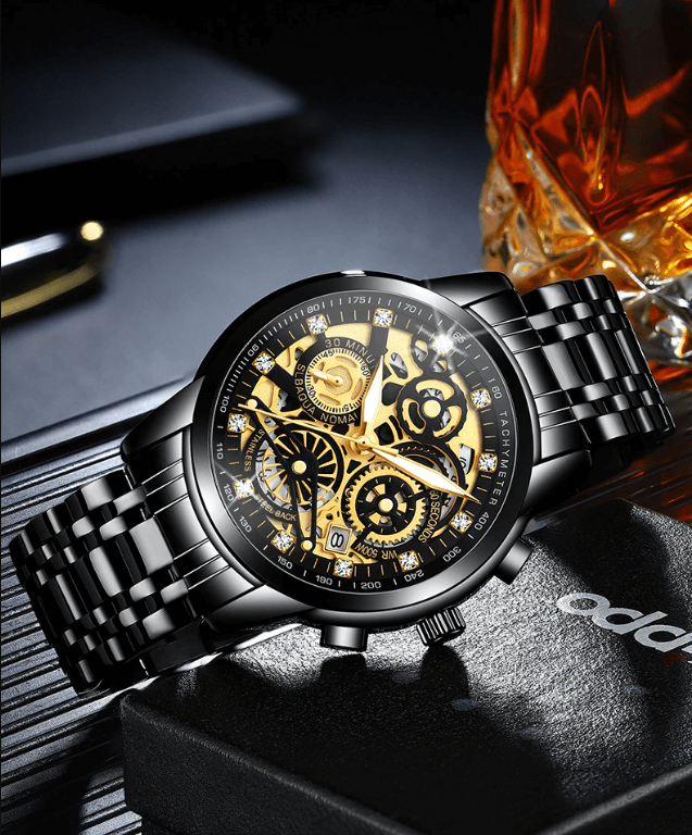 Reloj de hombre mecánico automático de acero inoxidable con esfera esquelética transparente