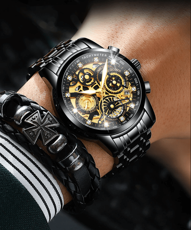 Reloj de hombre mecánico automático de acero inoxidable con esfera esquelética transparente