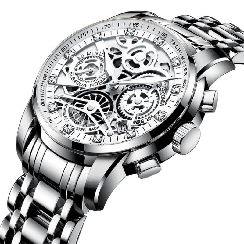 Reloj de hombre mecánico automático de acero inoxidable con esfera esquelética transparente