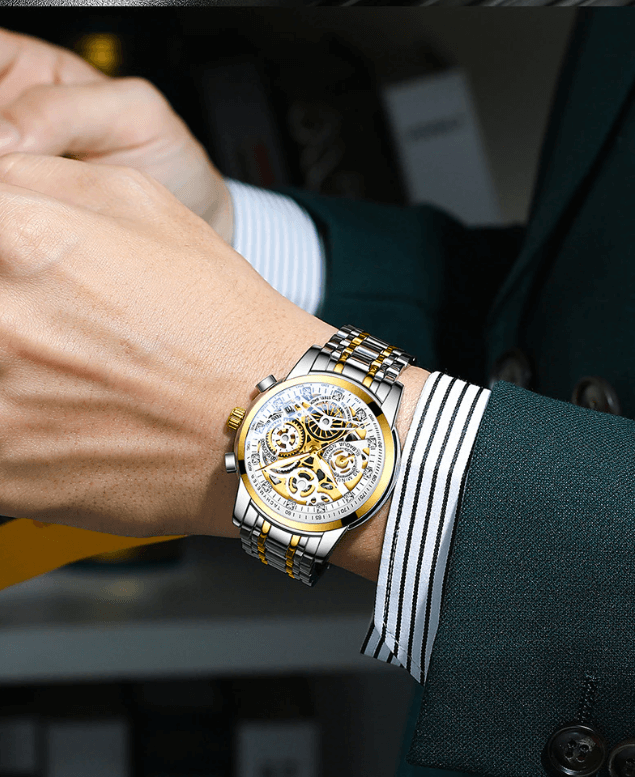 Reloj de hombre mecánico automático de acero inoxidable con esfera esquelética transparente