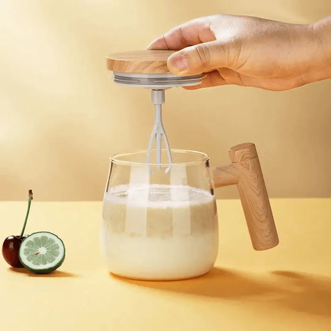 Taza de café de vidrio con agitación automática y tapa de madera a prueba de derrames