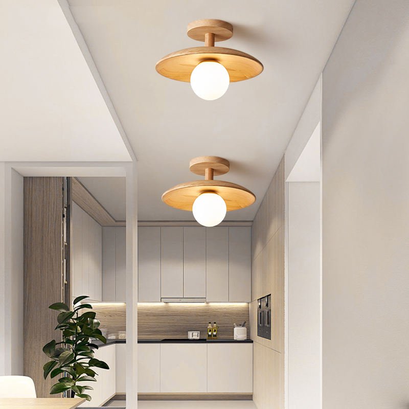Lámpara de techo minimalista japonesa de madera, hierro y acrílico