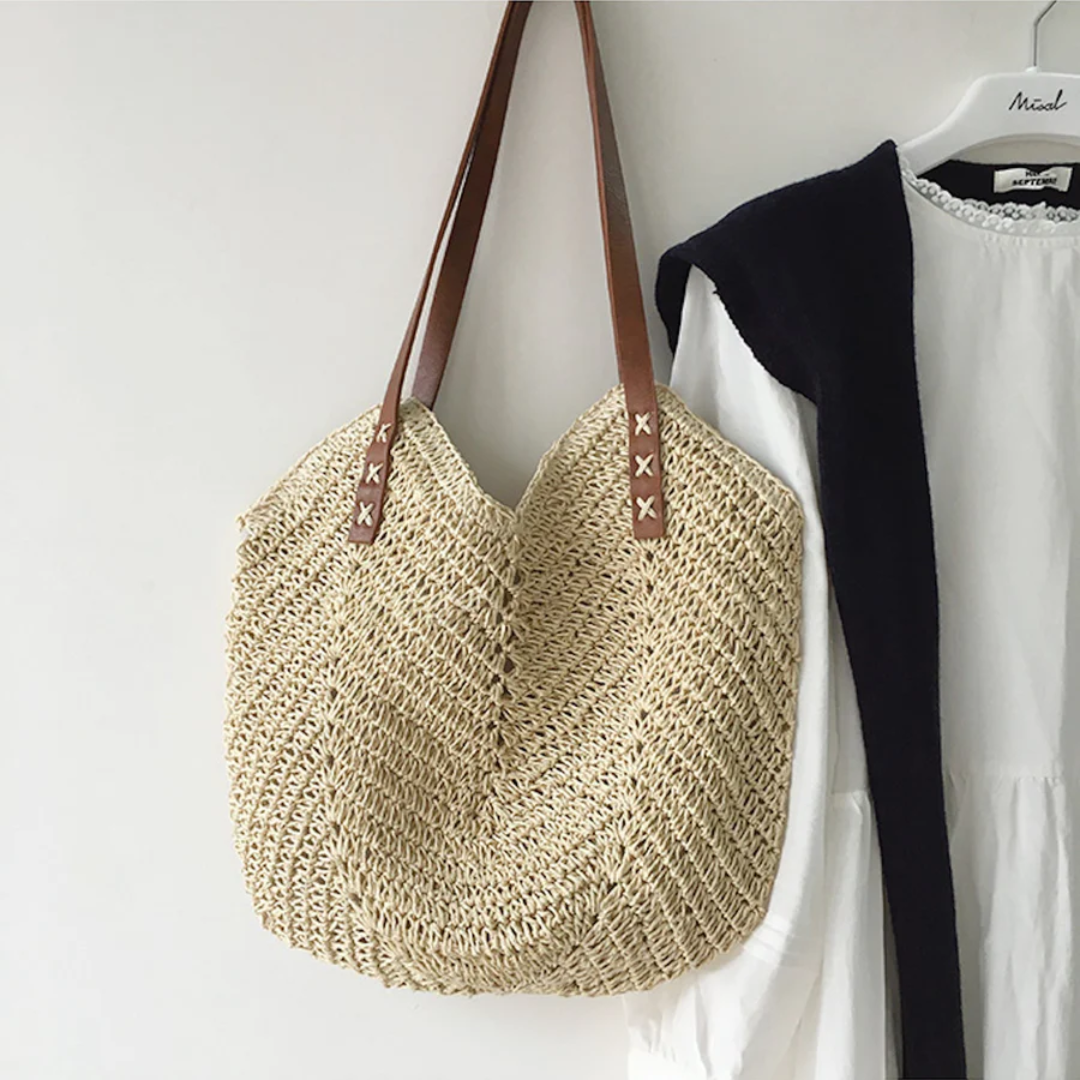 Bolso de hombro tejido informal con correa ajustable y gran capacidad para mujer