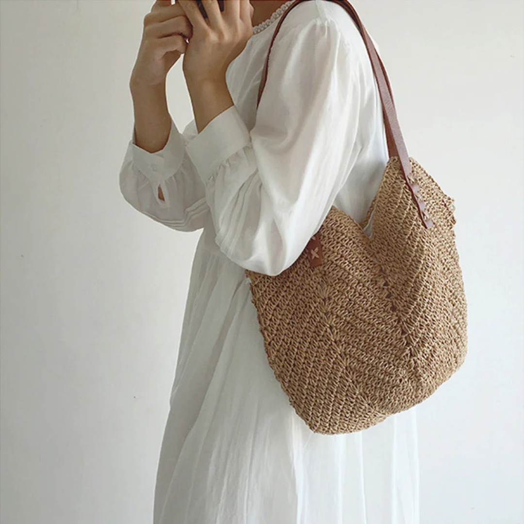 Bolso de hombro tejido informal con correa ajustable y gran capacidad para mujer