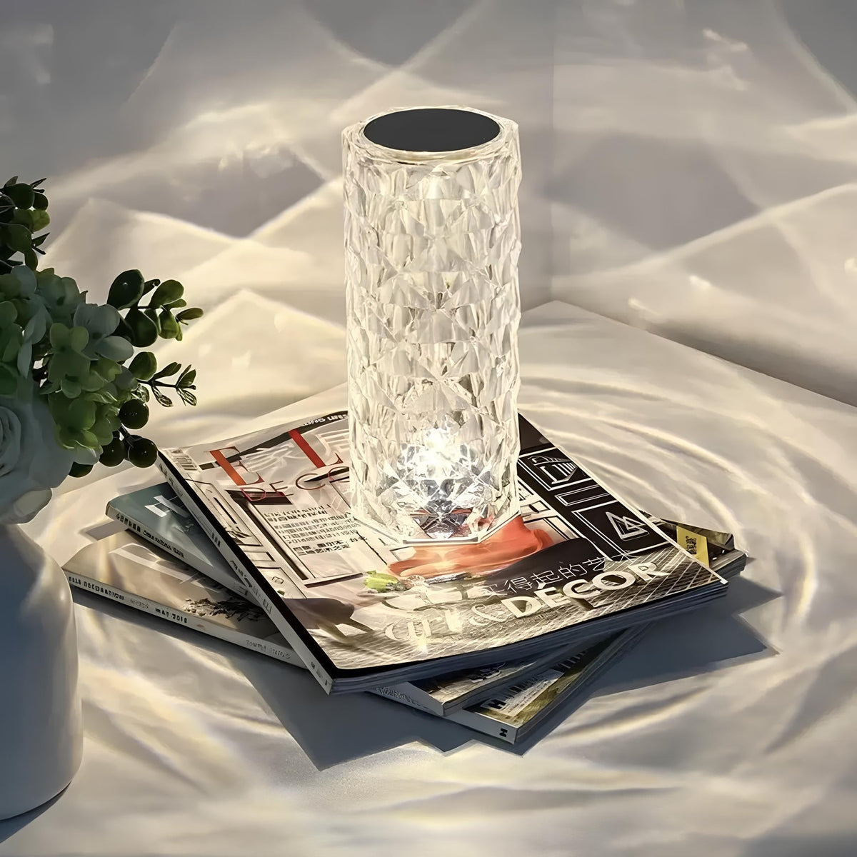 Lámpara de mesa ambiental de cristal brillante, con control táctil, regulable y recargable