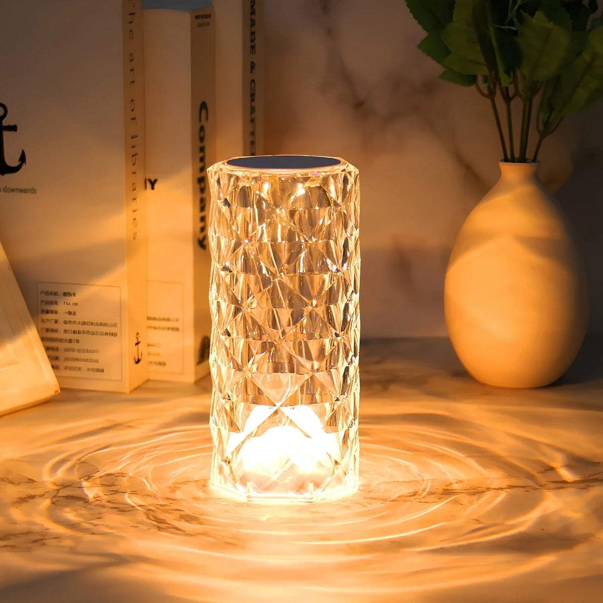 Lámpara de mesa ambiental de cristal brillante, con control táctil, regulable y recargable