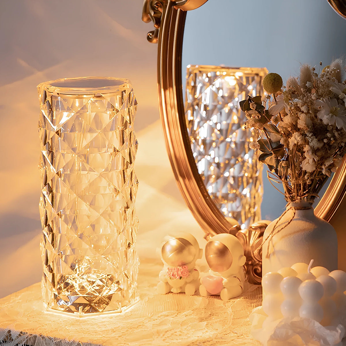 Lámpara de mesa ambiental de cristal brillante, con control táctil, regulable y recargable