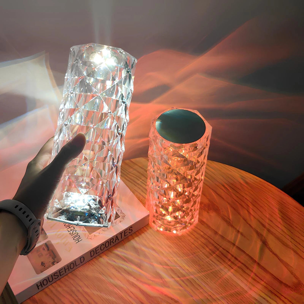 Lámpara de mesa ambiental de cristal brillante, con control táctil, regulable y recargable