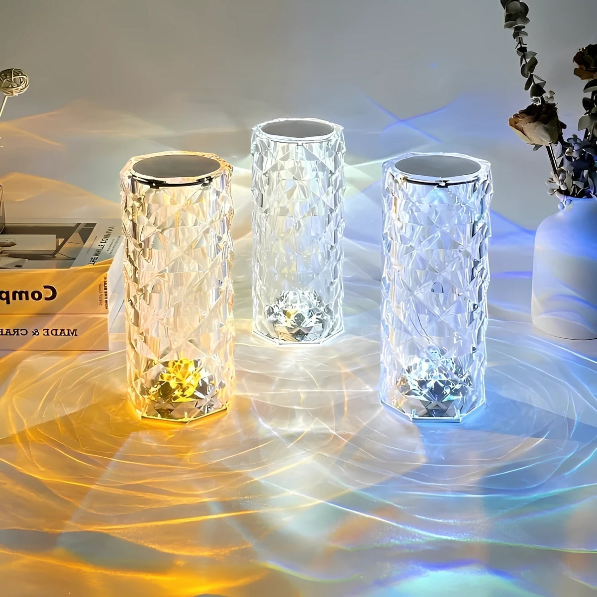 Lámpara de mesa ambiental de cristal brillante, con control táctil, regulable y recargable