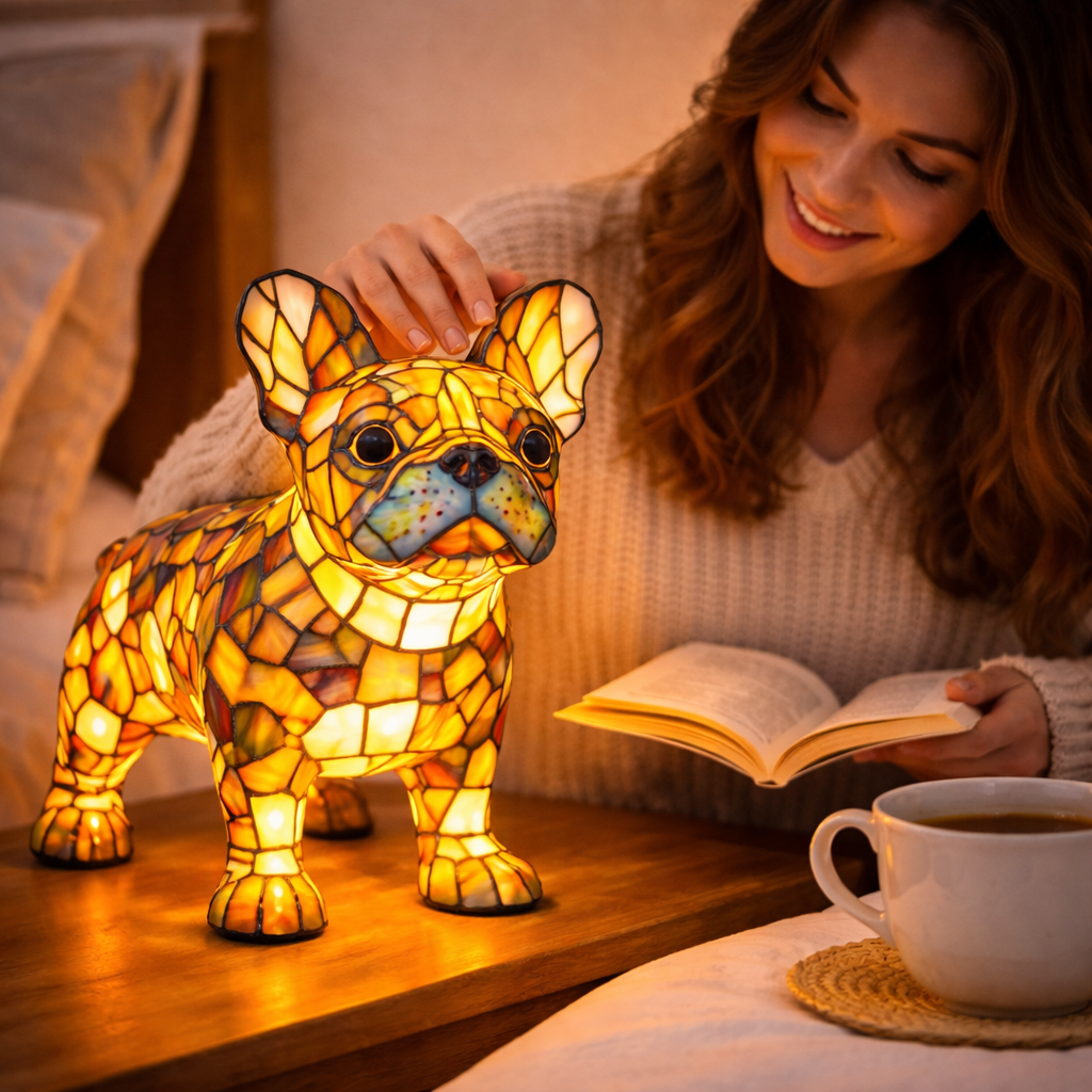 Lámpara de mesa decorativa de dormitorio con perro de vidrio emplomado tipo mosaico